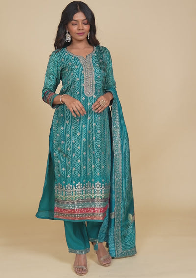 Peacock Blue Zariwork Semi Crepe Readymade Salwar Kameez