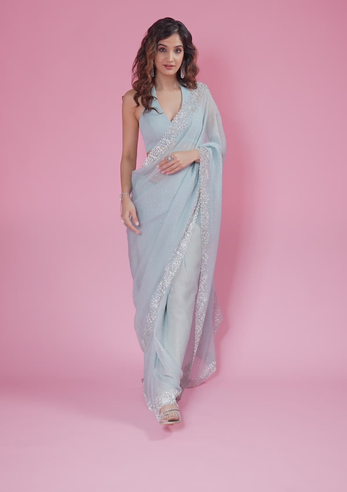 Sky Blue Silver Stonework Tissue Saree