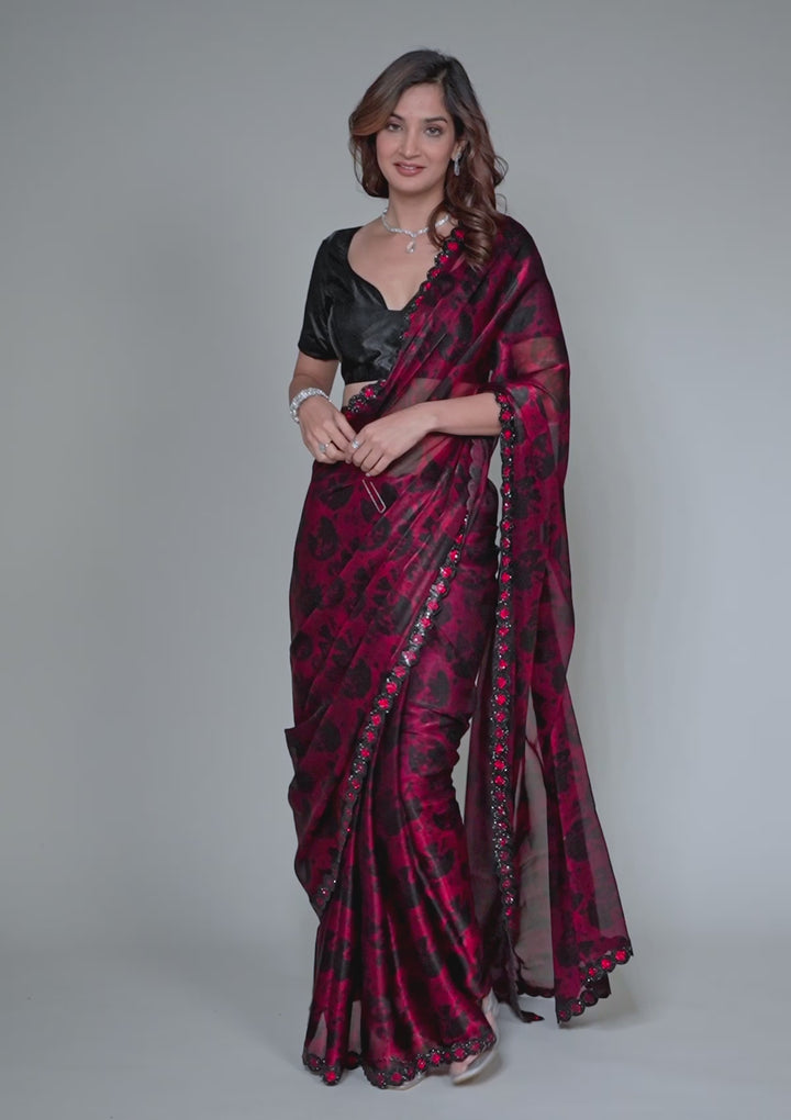 Red Printed Organza Saree