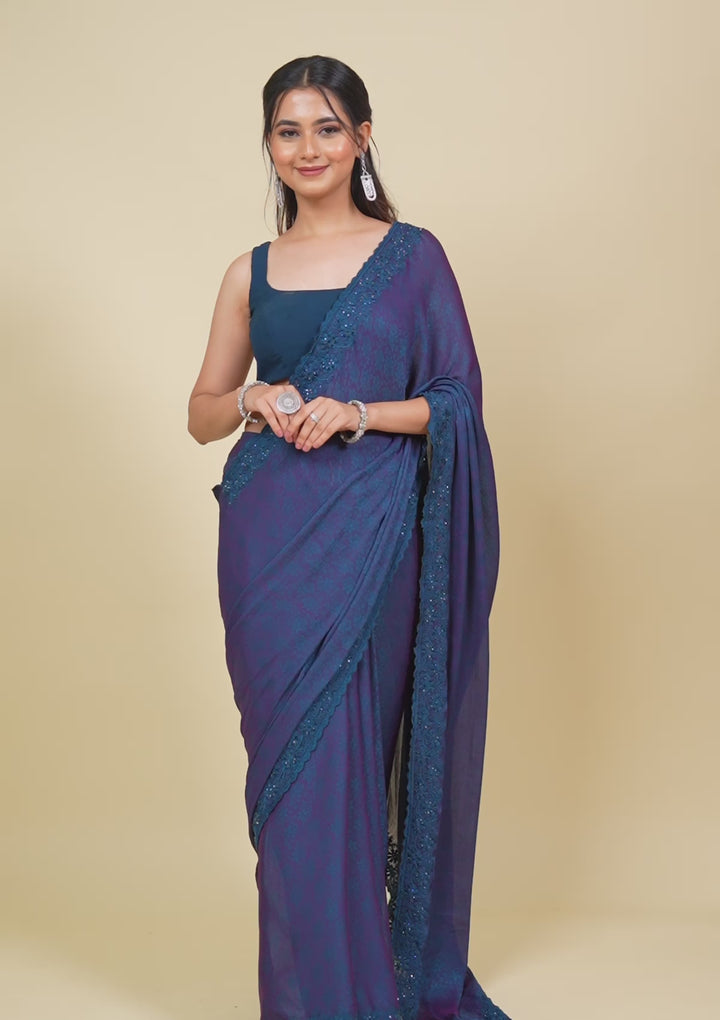 Peacock Blue Printed Georgette Saree