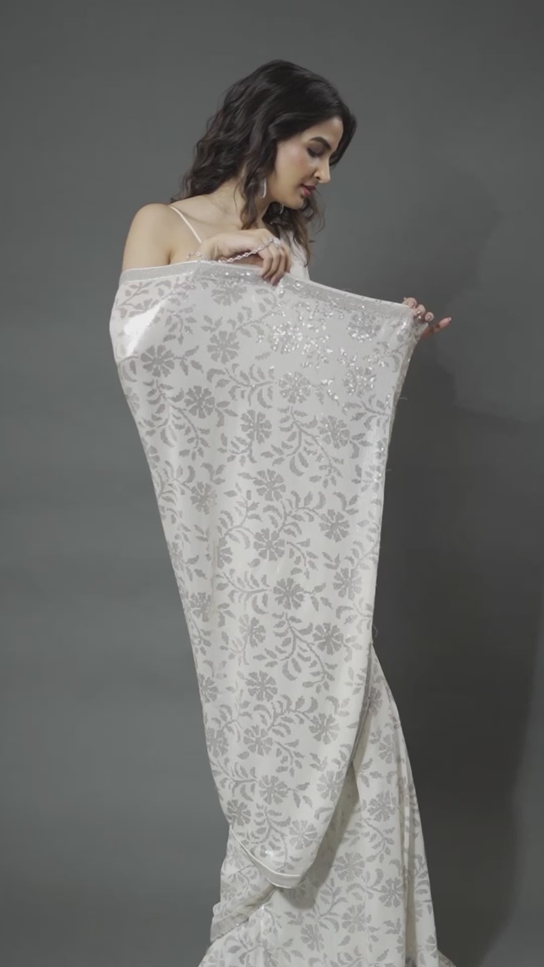 Off White Sequins Georgette Saree