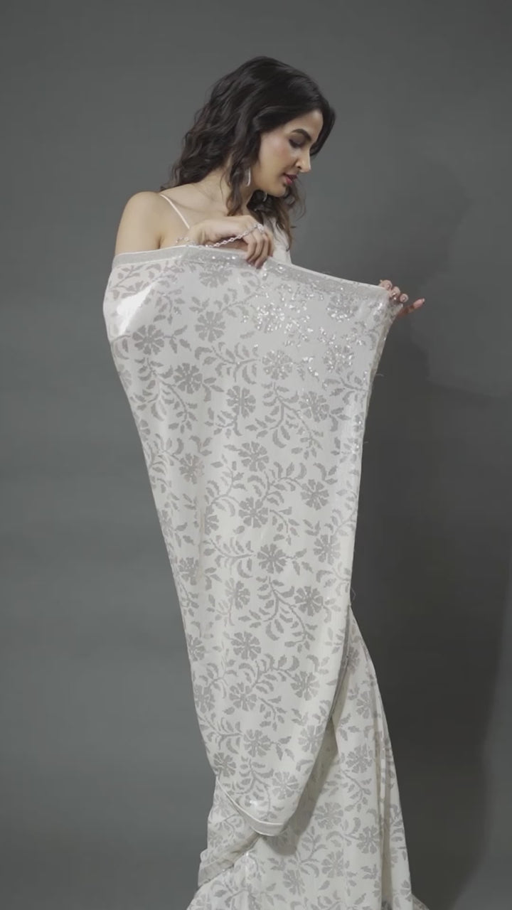 Off White Sequins Georgette Saree