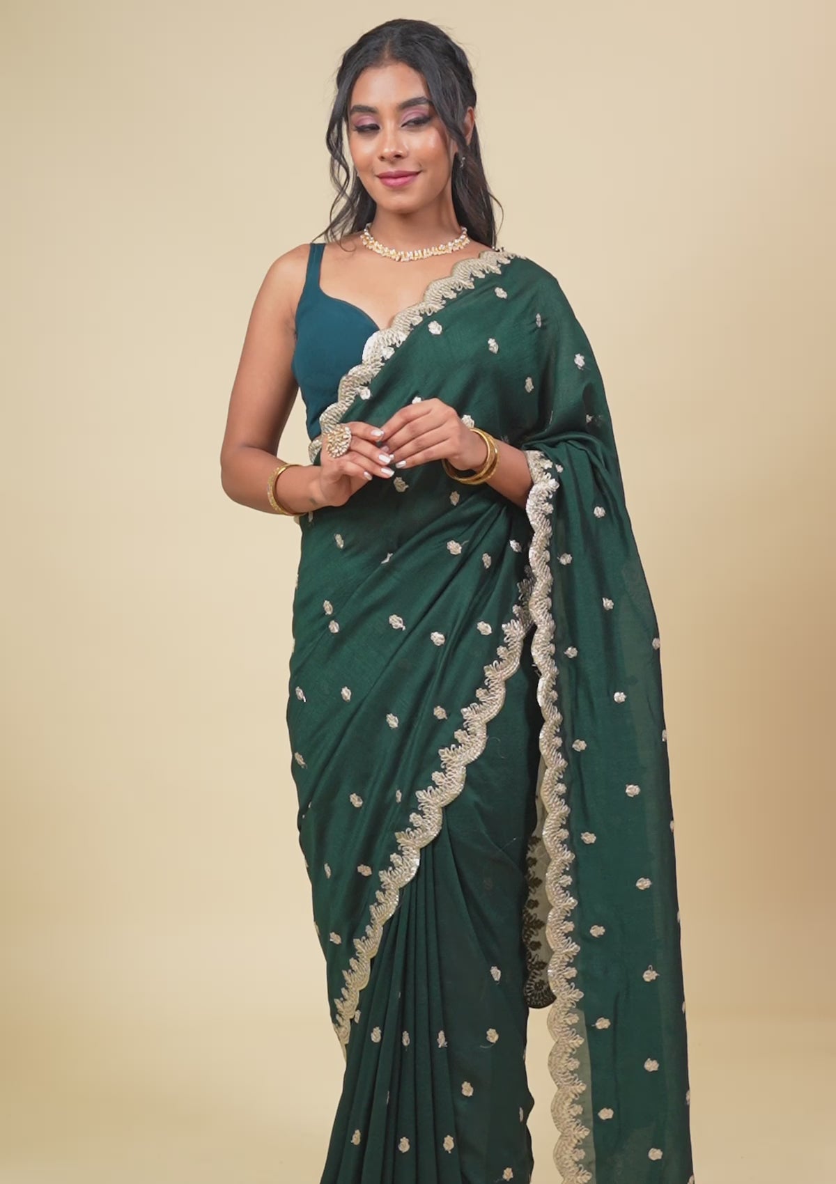 Bottle Green Gotapatti Raw Silk Saree