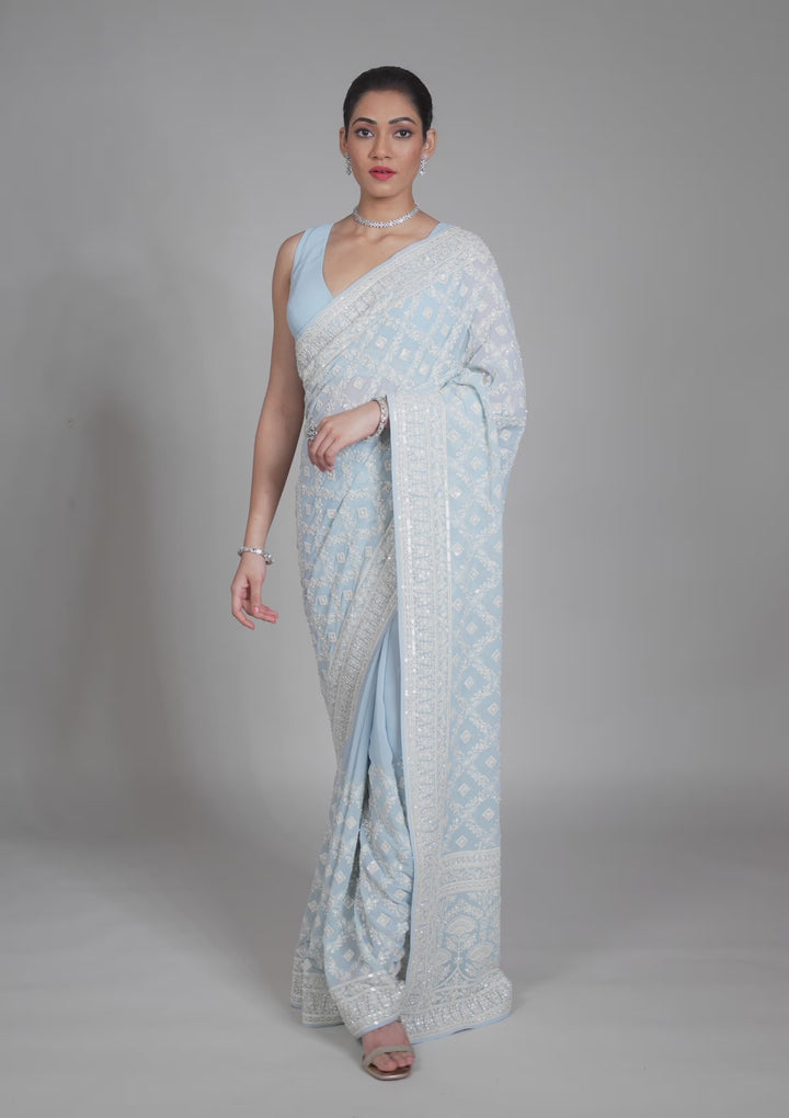 Grey Threadwork Georgette Saree
