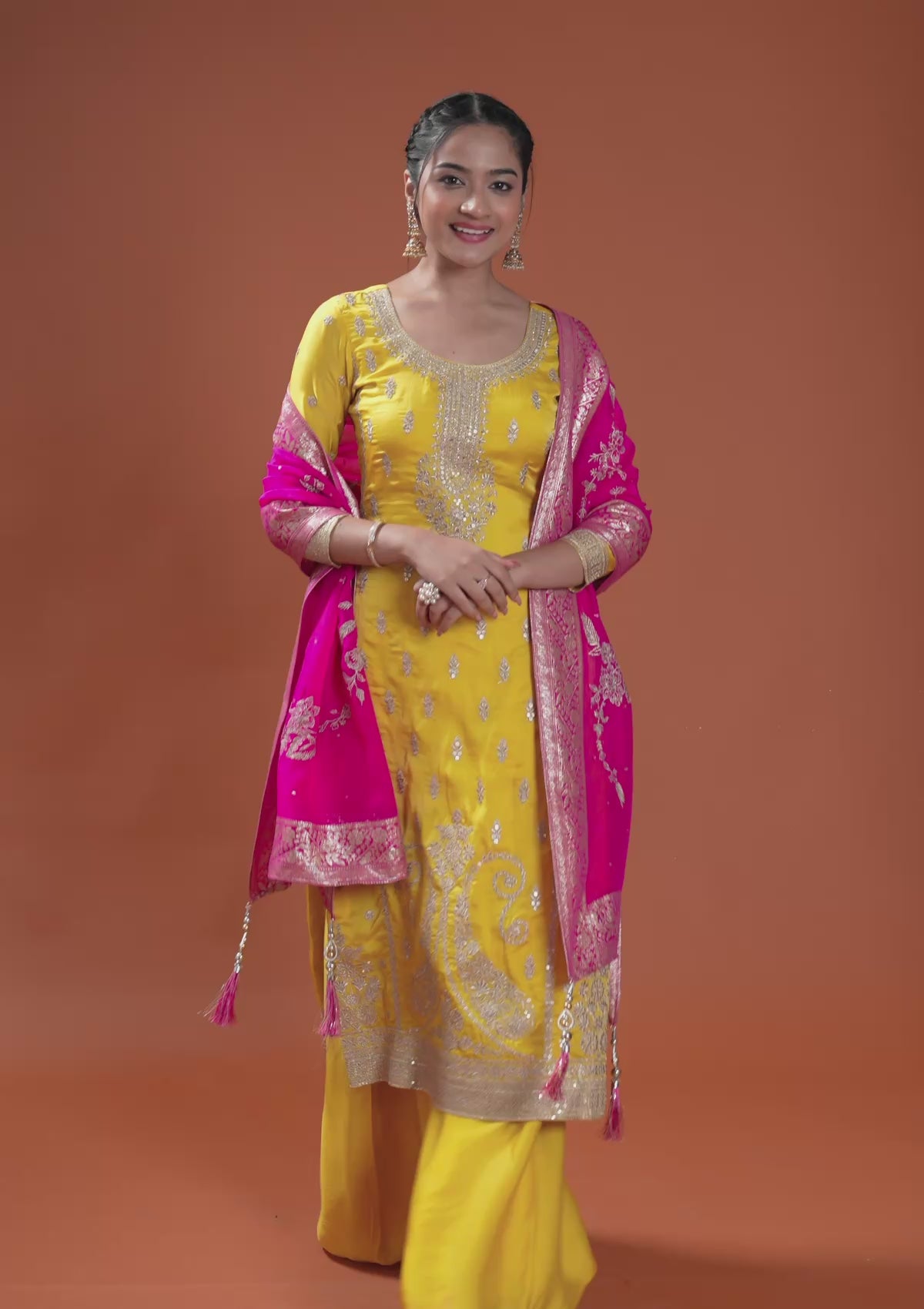 Yellow Zariwork Semi Crepe Readymade Salwar Suit