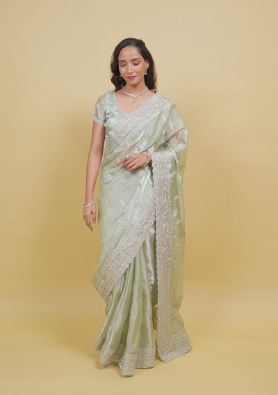 Pista Green Zariwork Tissue Saree