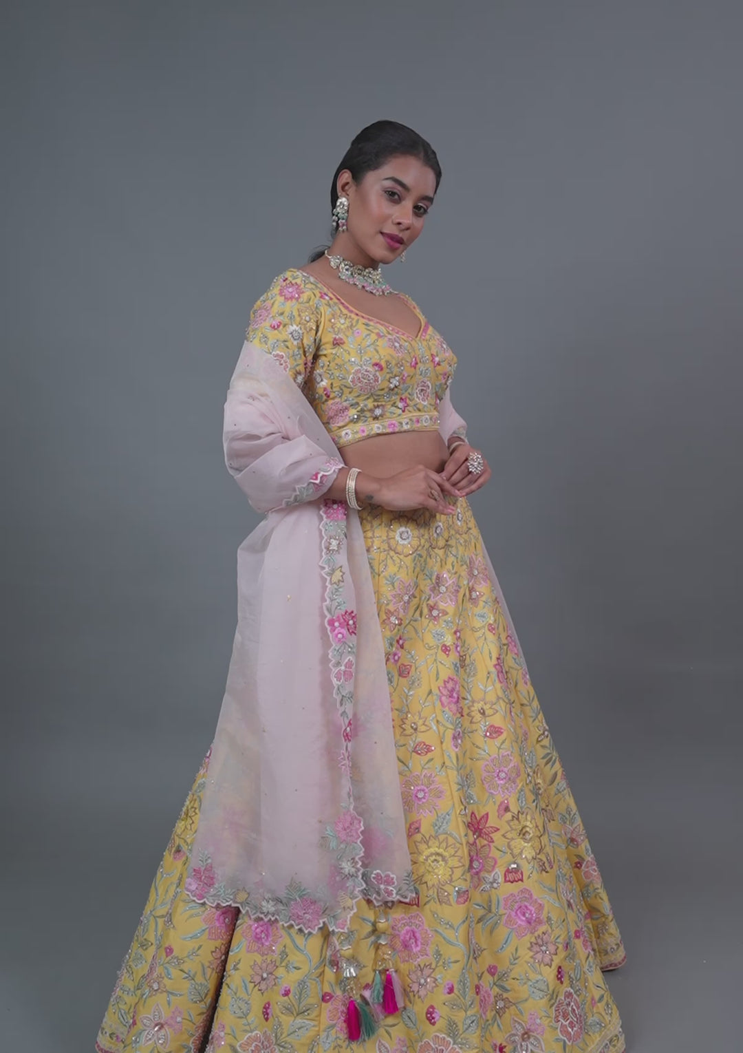 Yellow Threadwork Raw Silk Readymade Lehenga