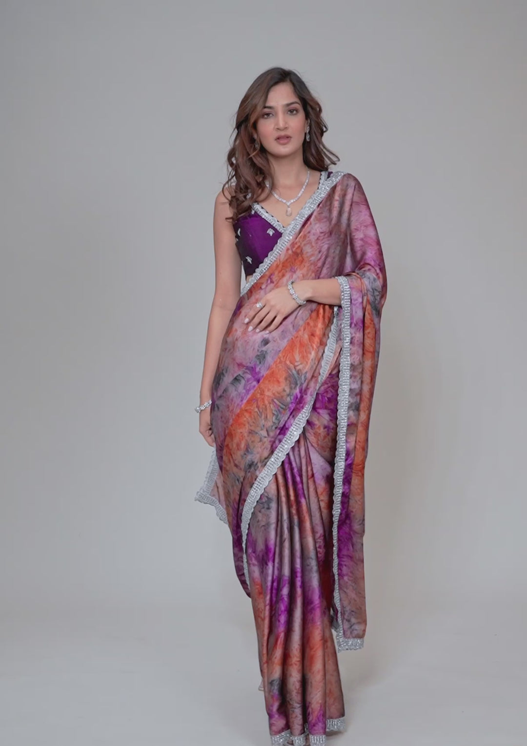 Purple Printed Semi Crepe Saree