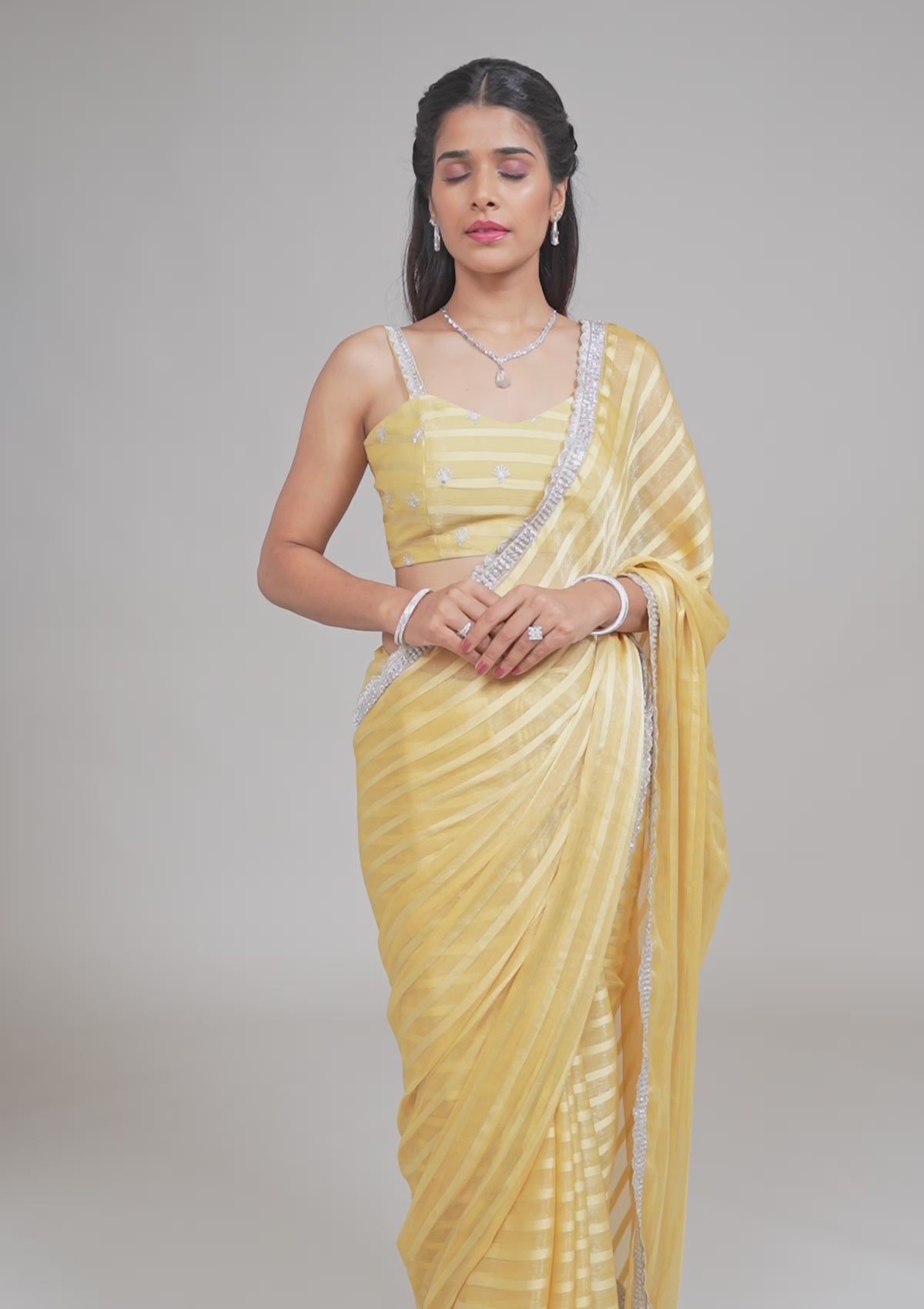 Yellow Stonework Semi Crepe Saree