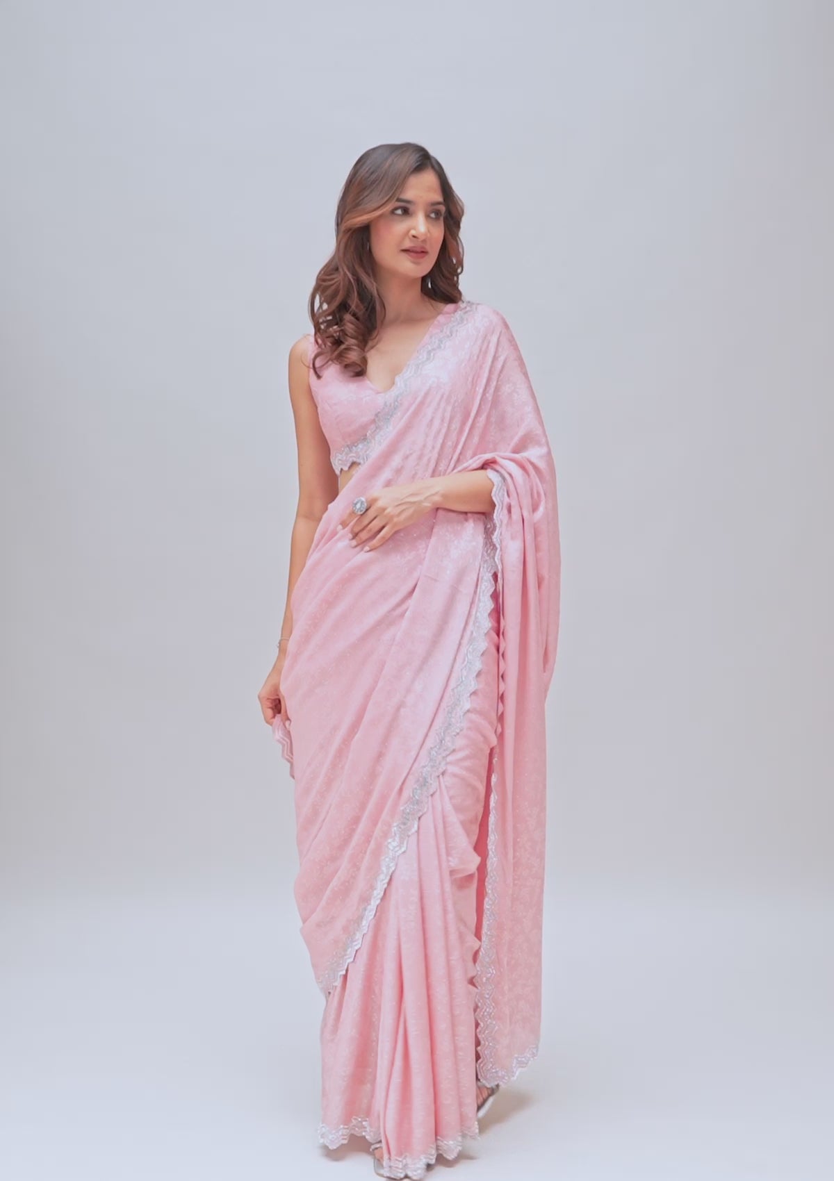 Pink Stonework Semi Crepe Saree