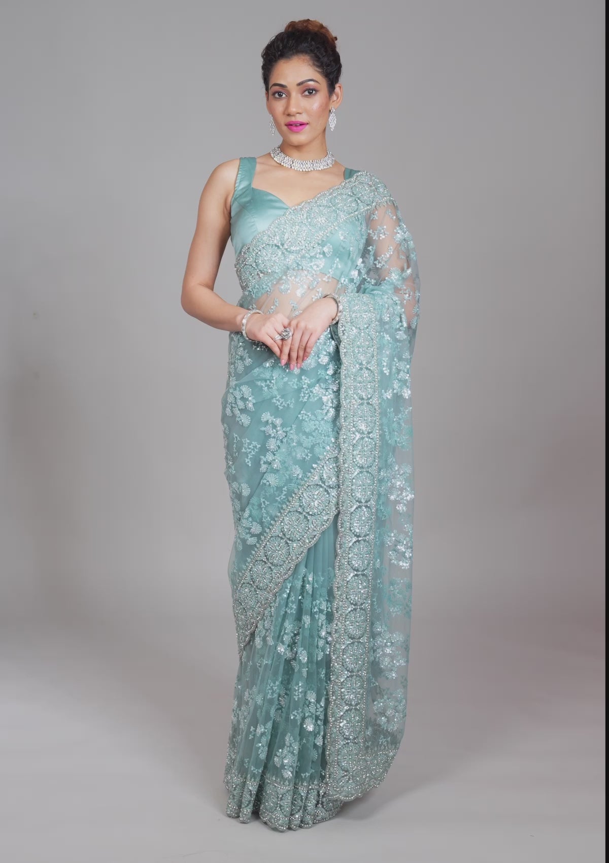 Sea Green Zariwork Net Saree