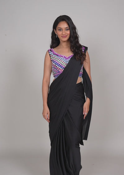 Black Threadwork Satin Readymade Saree