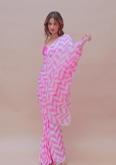 Pink Printed Satin Saree