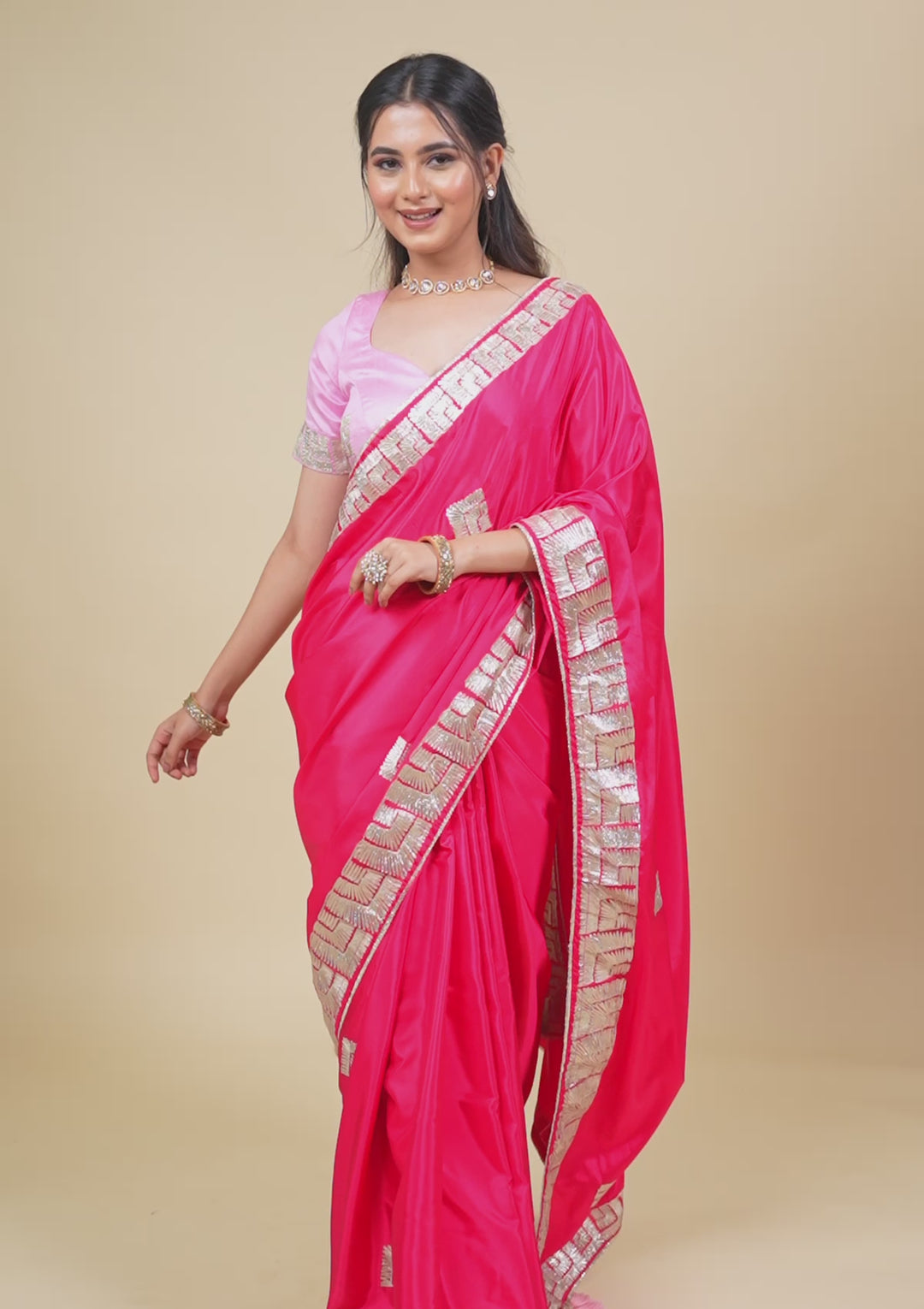Rani Pink Gotapatti Semi Crepe Saree