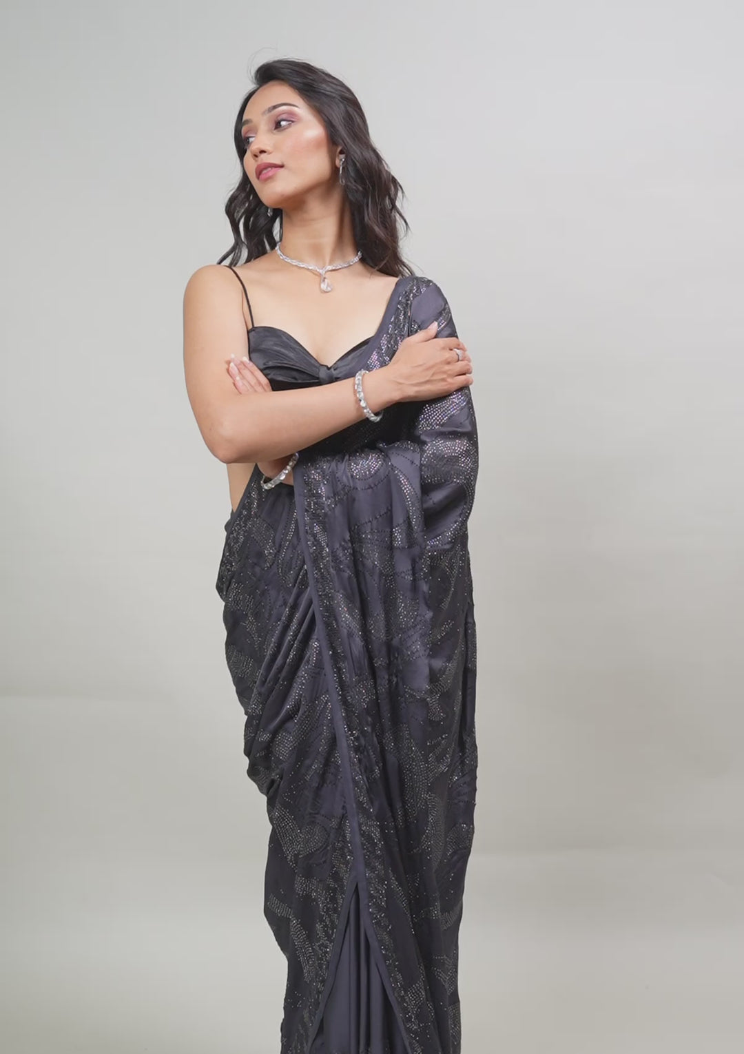 Grey Swarovski Satin Saree