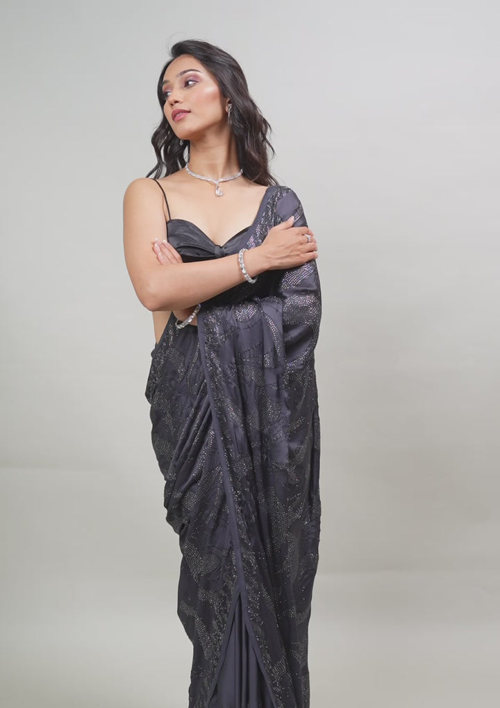 Grey Swarovski Satin Saree
