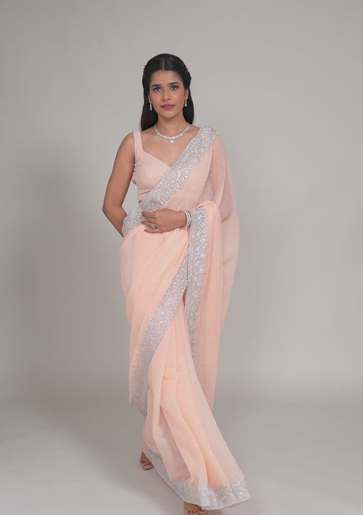 Peach Threadwork Georgette Saree