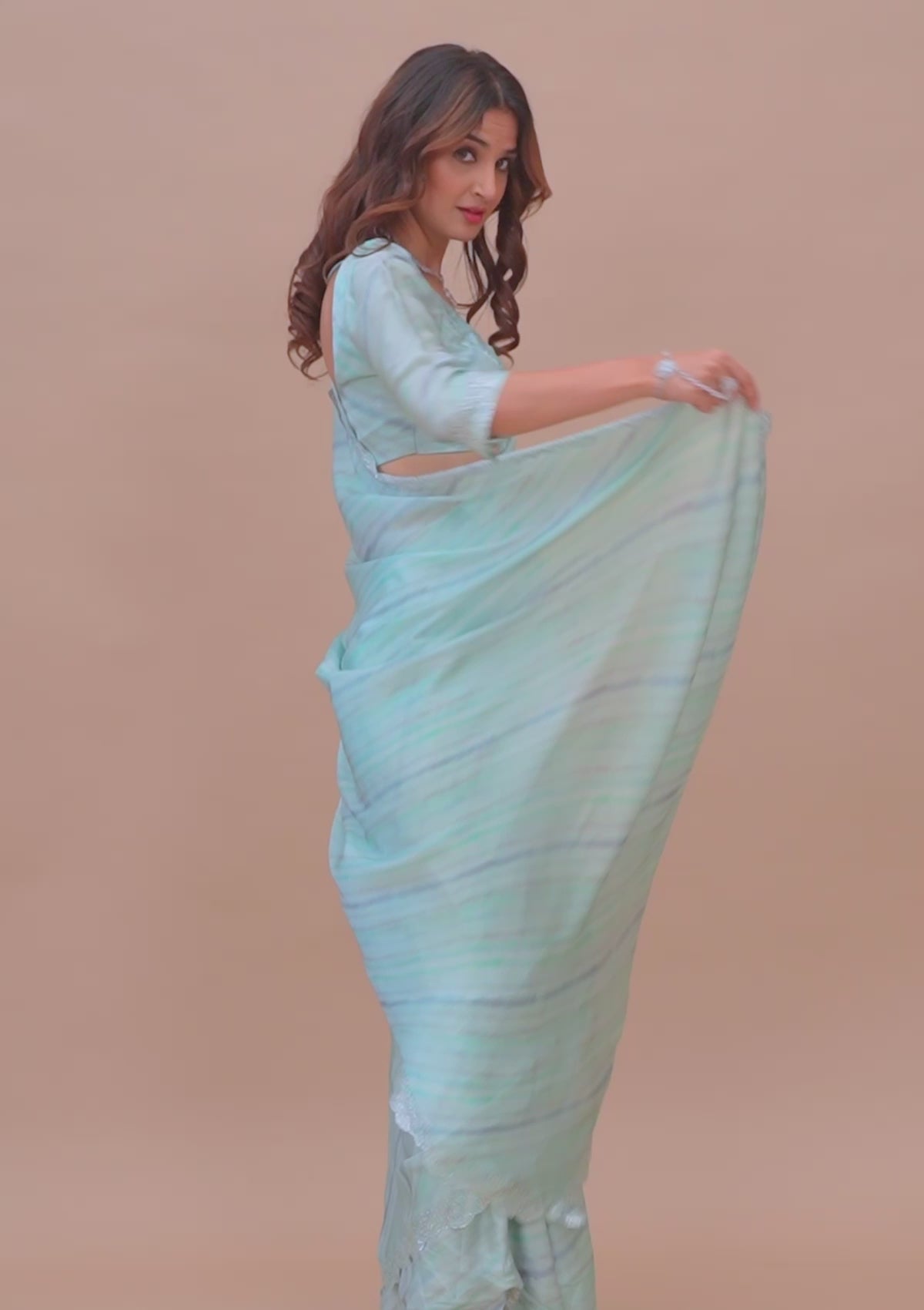 Sea Green Printed Satin Saree