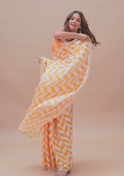 Yellow Printed Satin Saree