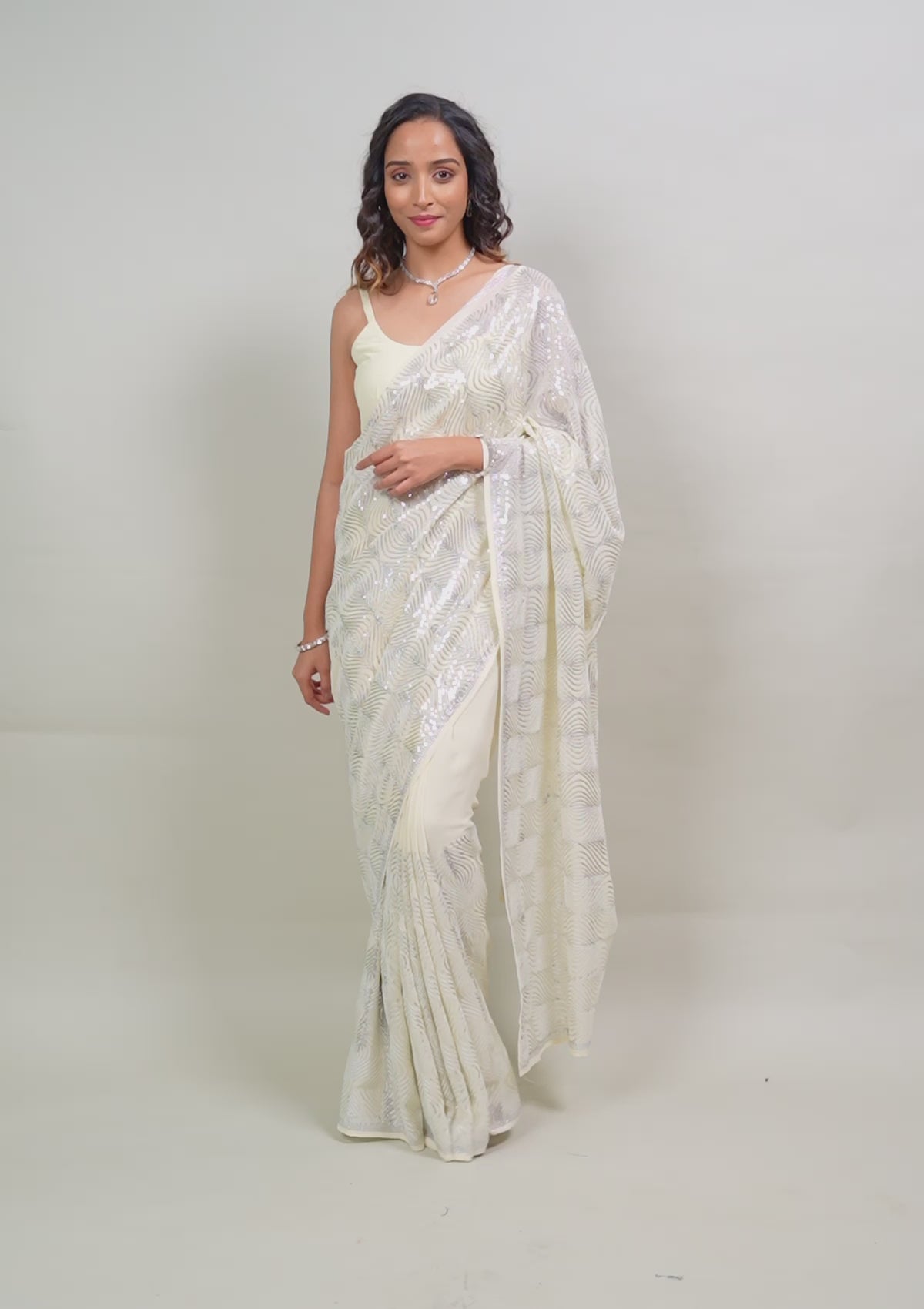 Cream Sequins Georgette Saree