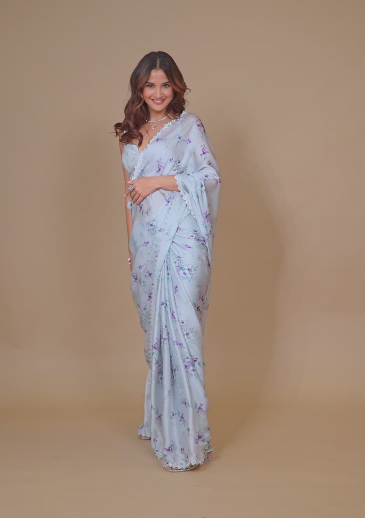 Light Grey Printed Satin Saree