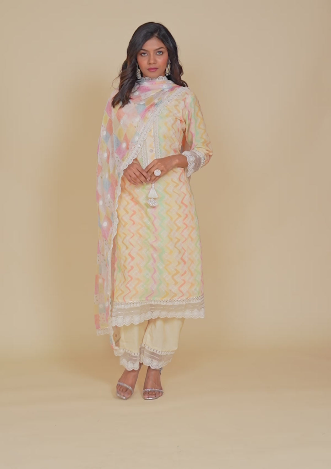 Cream Cutwork Cotton Readymade Salwar Kameez