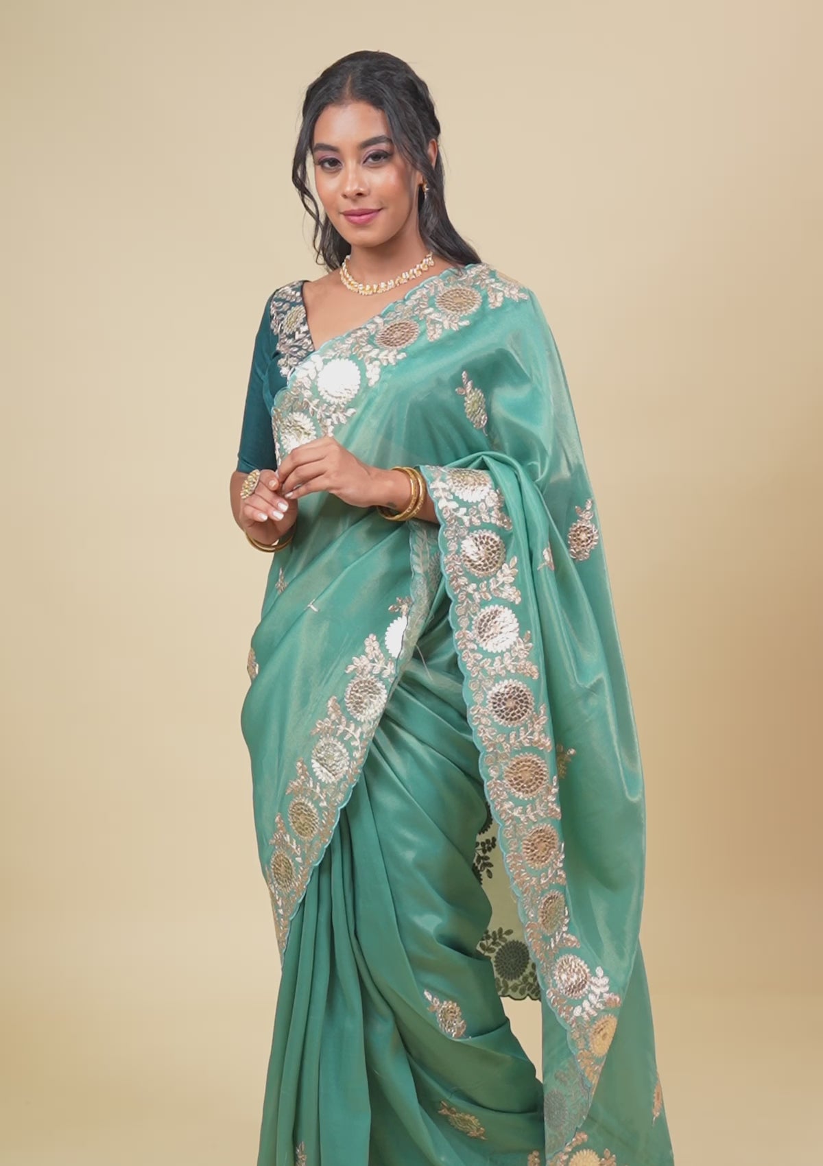 Sea Green Gotapatti Tissue Saree