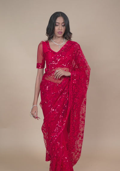 Red Sequins Net Saree