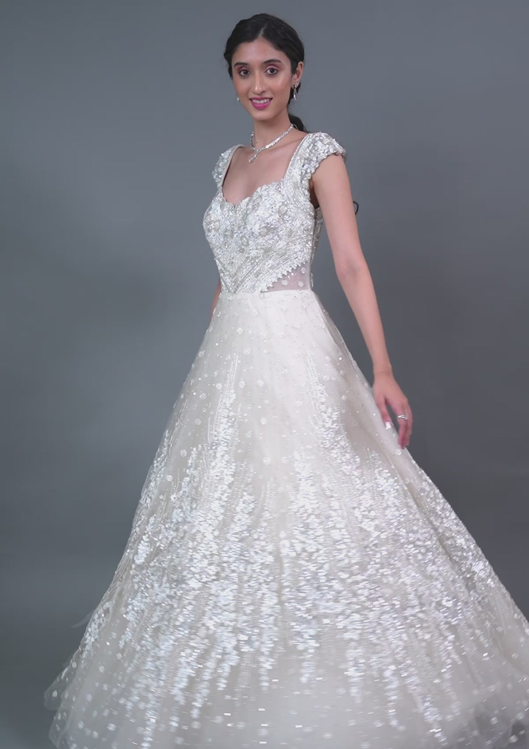 Off White Silver Stonework Net Gown