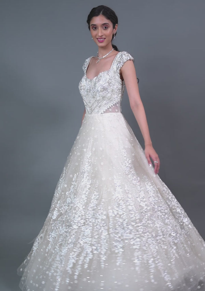 Off White Silver Stonework Net Gown