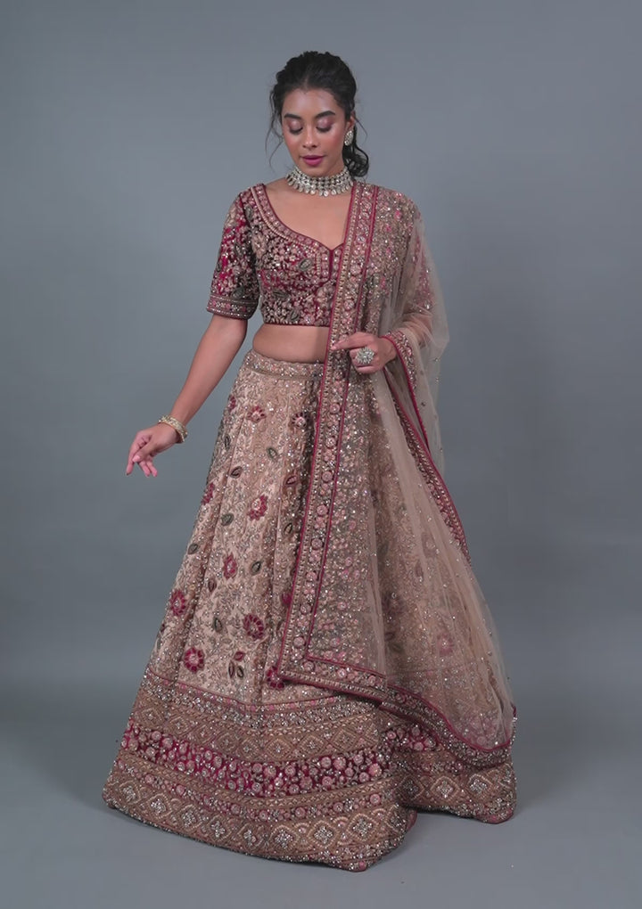 Beige Zariwork Velvet Readymade Lehenga
