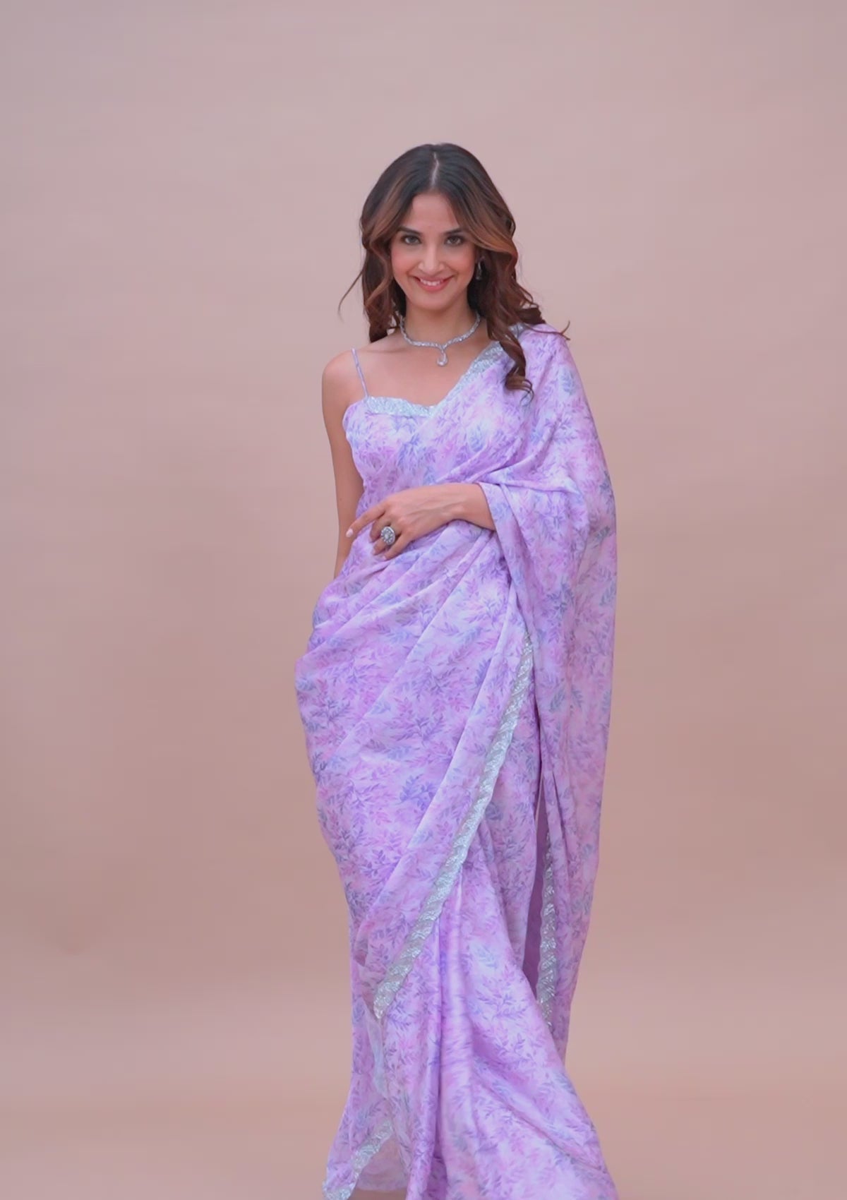 Lavender Printed Satin Saree