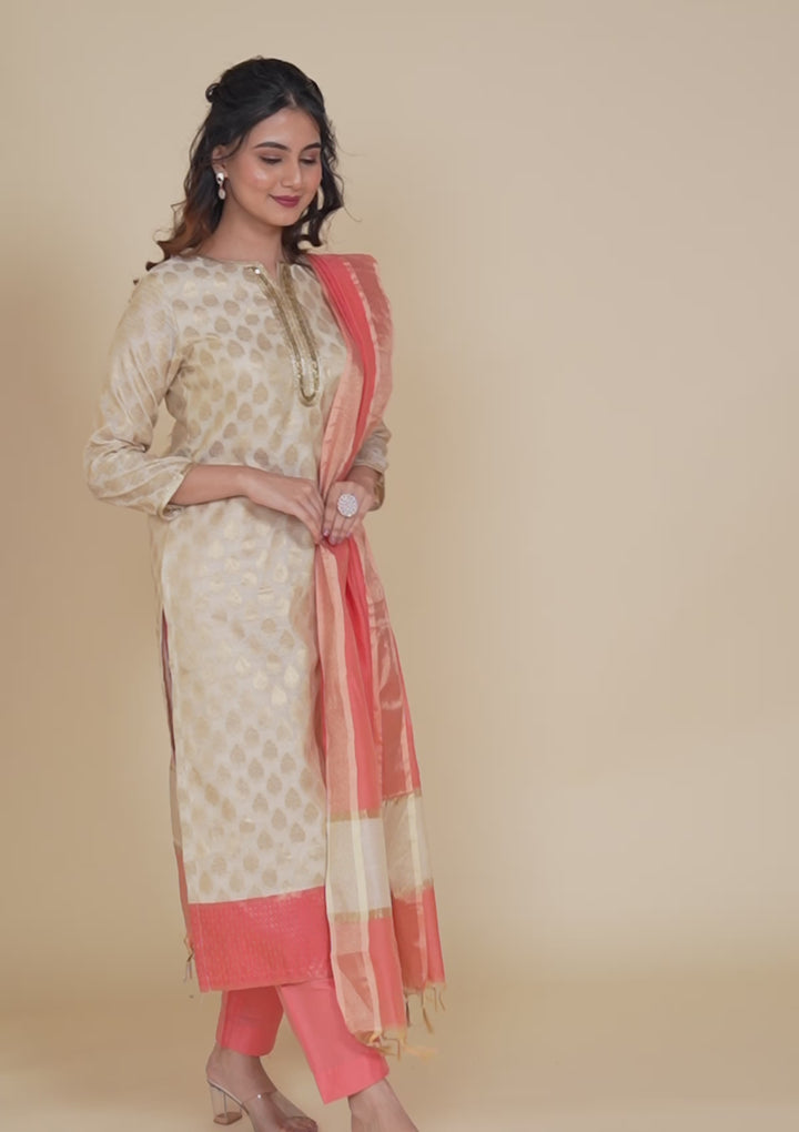 Pink Banarasi Cotton Readymade Salwar Kameez