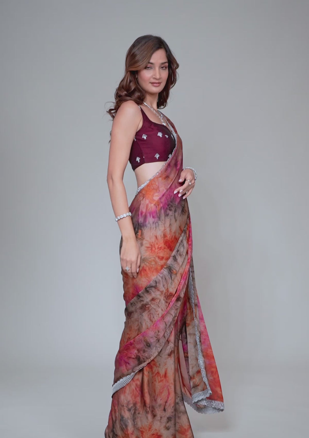 Orange Printed Semi Crepe Saree