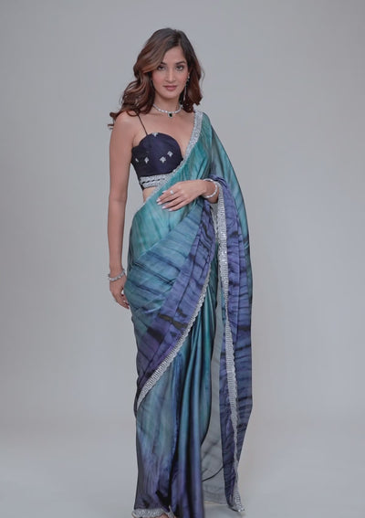 Navy Blue Printed Semi Crepe Saree