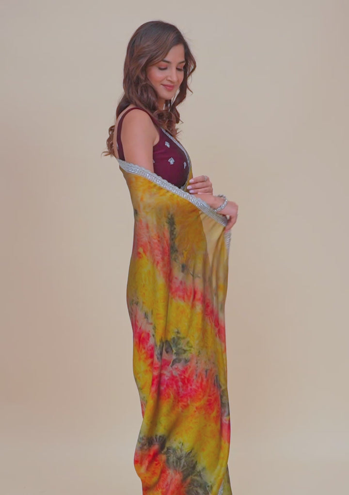 Yellow Printed Semi Crepe Saree