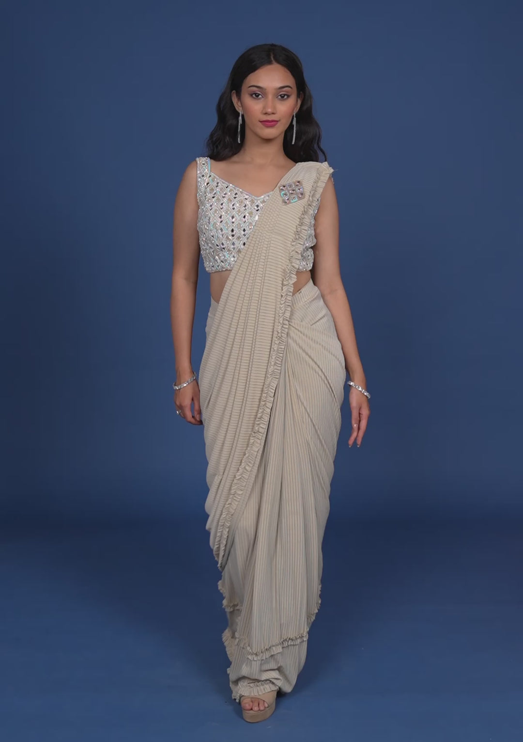 Gold Mirrorwork Lycra Readymade Saree