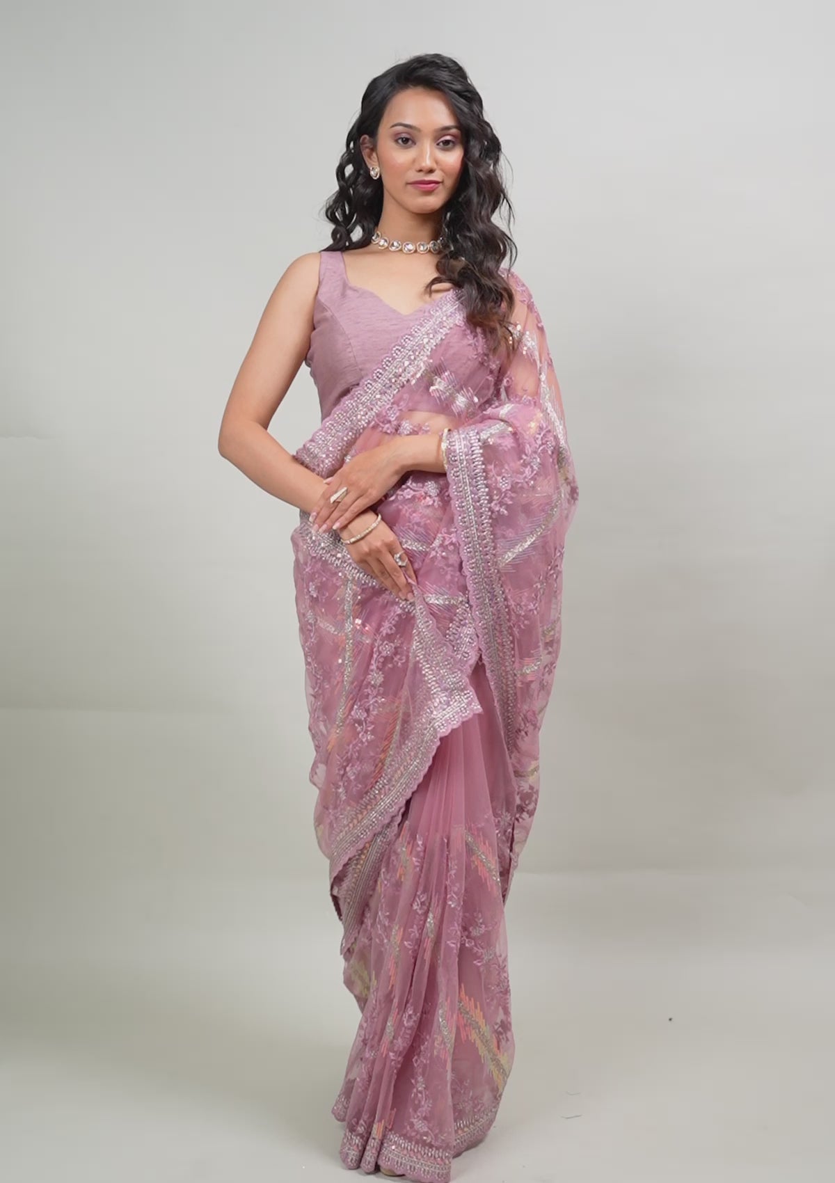 Onion Pink Sequins Net Saree