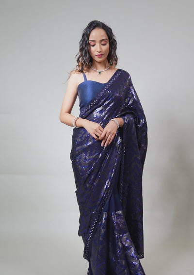 Navy Blue Sequins Georgette Saree