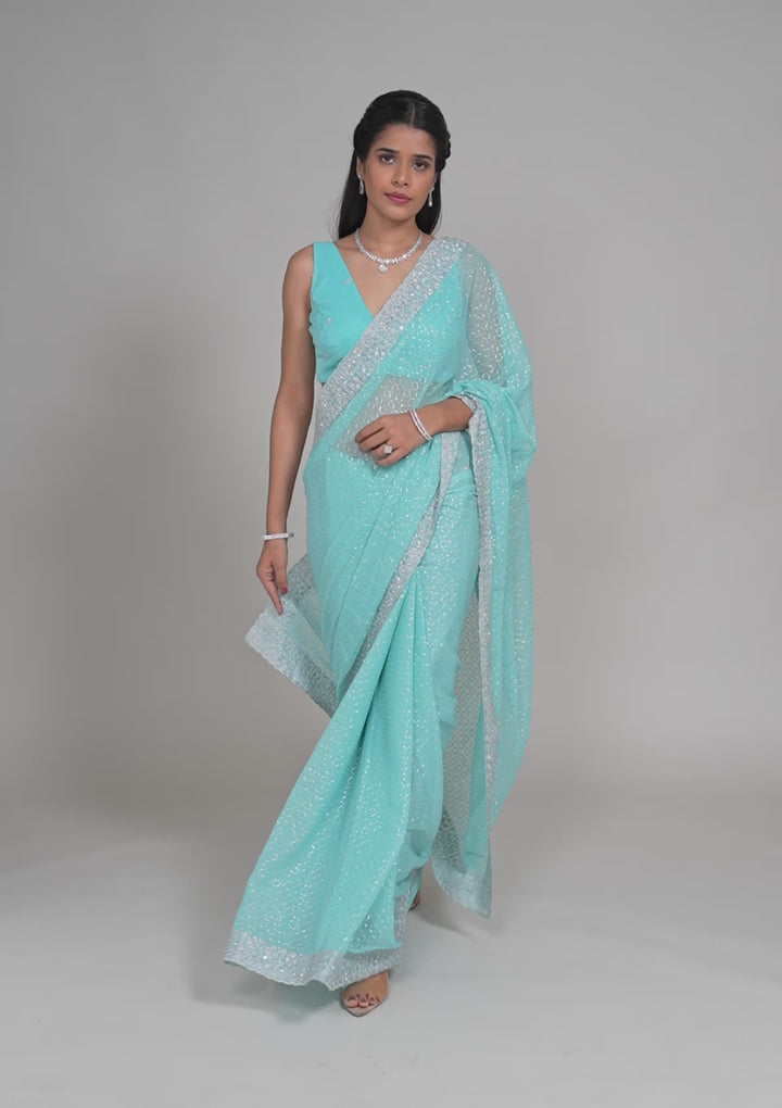 Sky Blue Stonework Georgette Saree