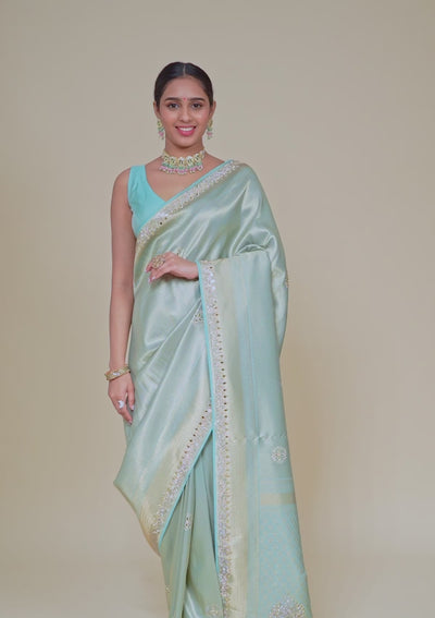 Sky Blue Mirrorwork Silk Saree