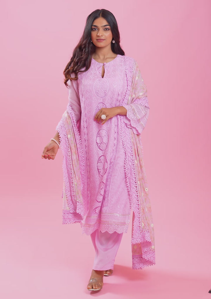 Lavender Cutwork Georgette Unstitched Salwar Suit