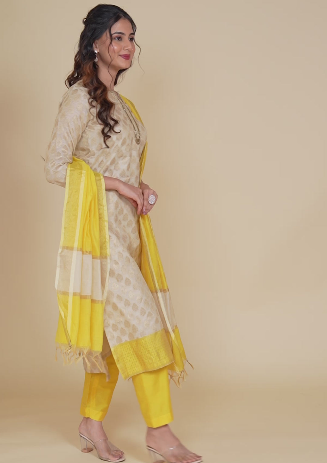 Beige Banarasi Cotton Readymade Salwar Kameez