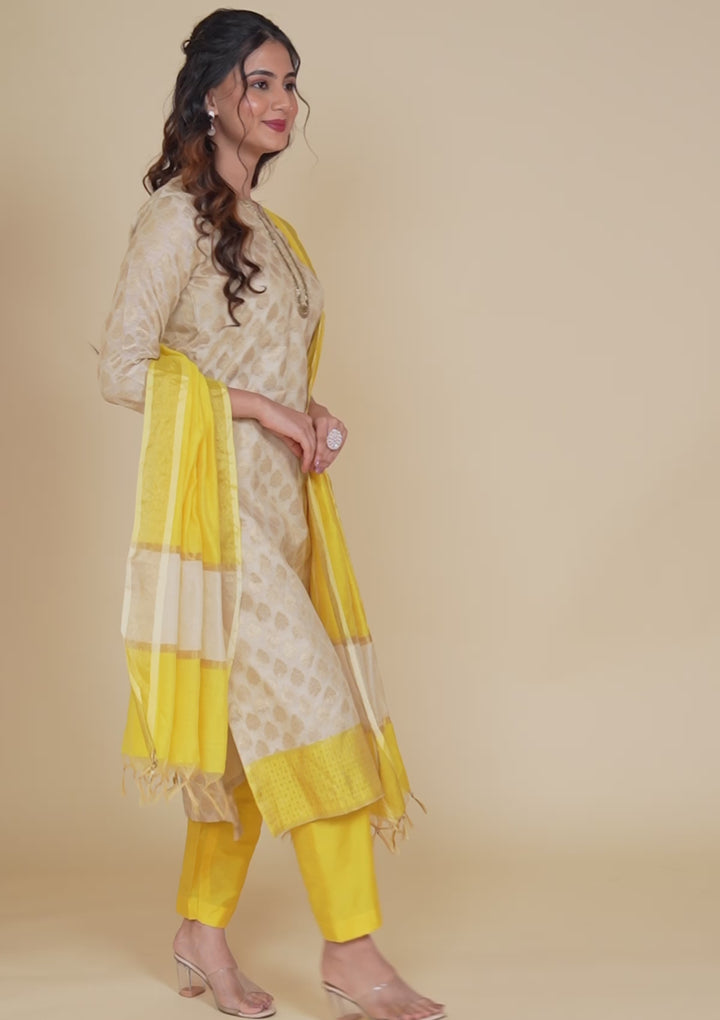 Beige Banarasi Cotton Readymade Salwar Kameez