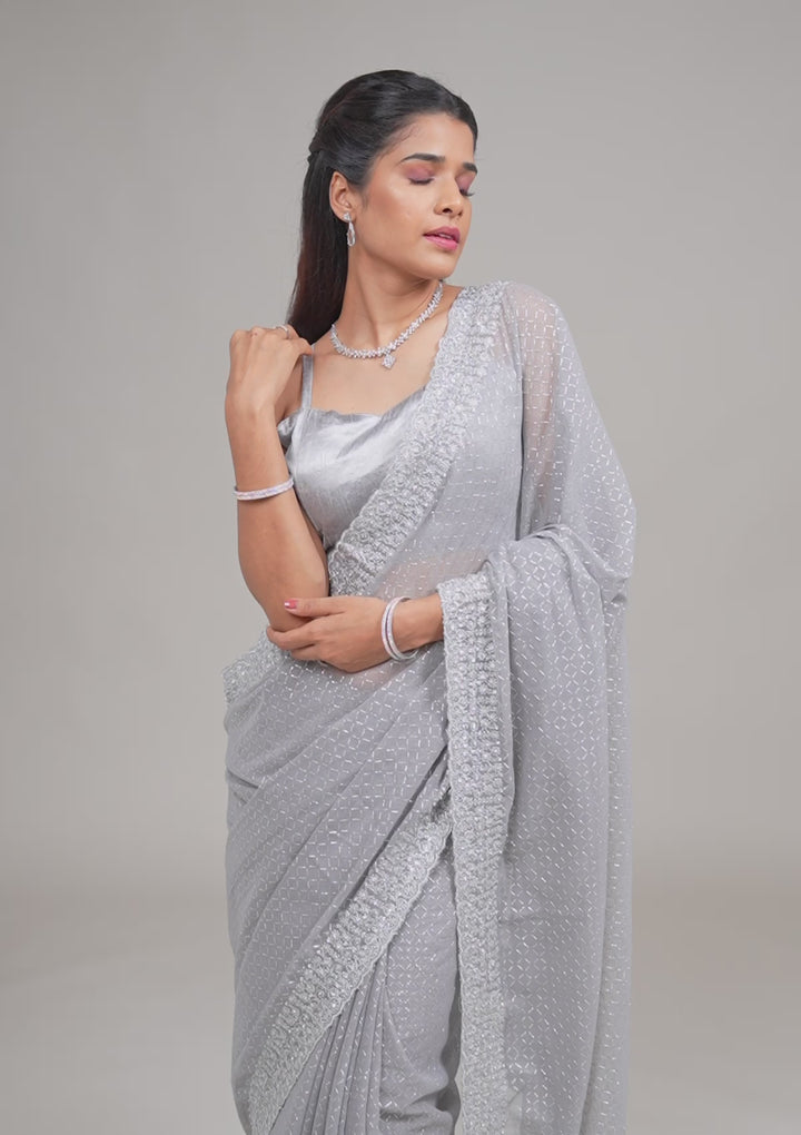 Grey Stonework Georgette Saree