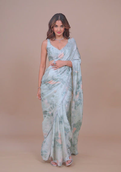 Sea Green Printed Satin Saree