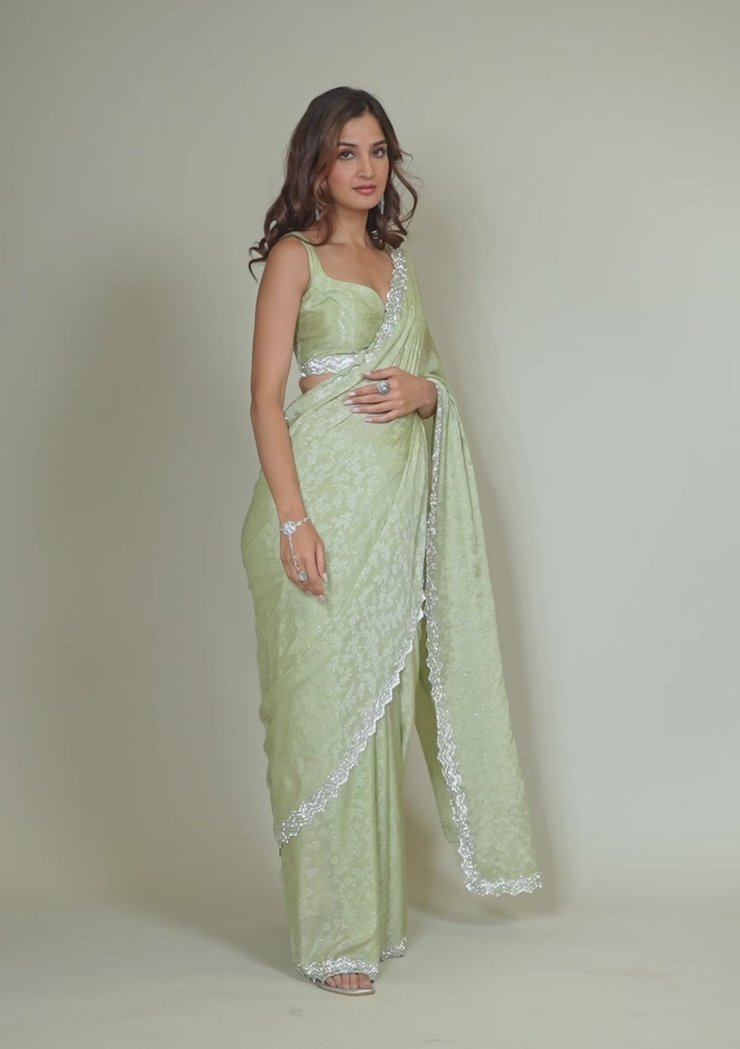 Pista Green Stonework Semi Crepe Saree