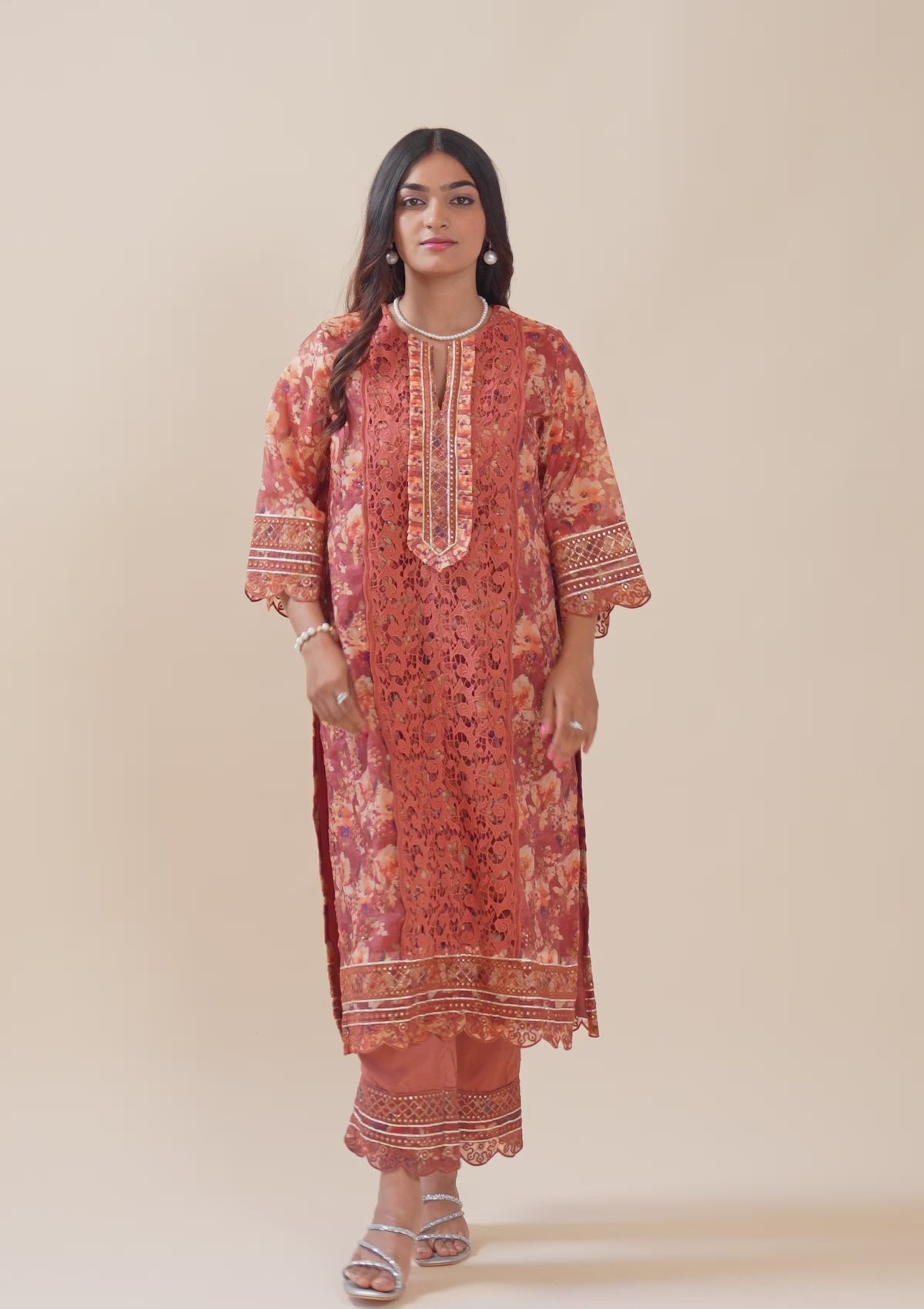 Rust Printed Organza Unstitched Salwar Suit