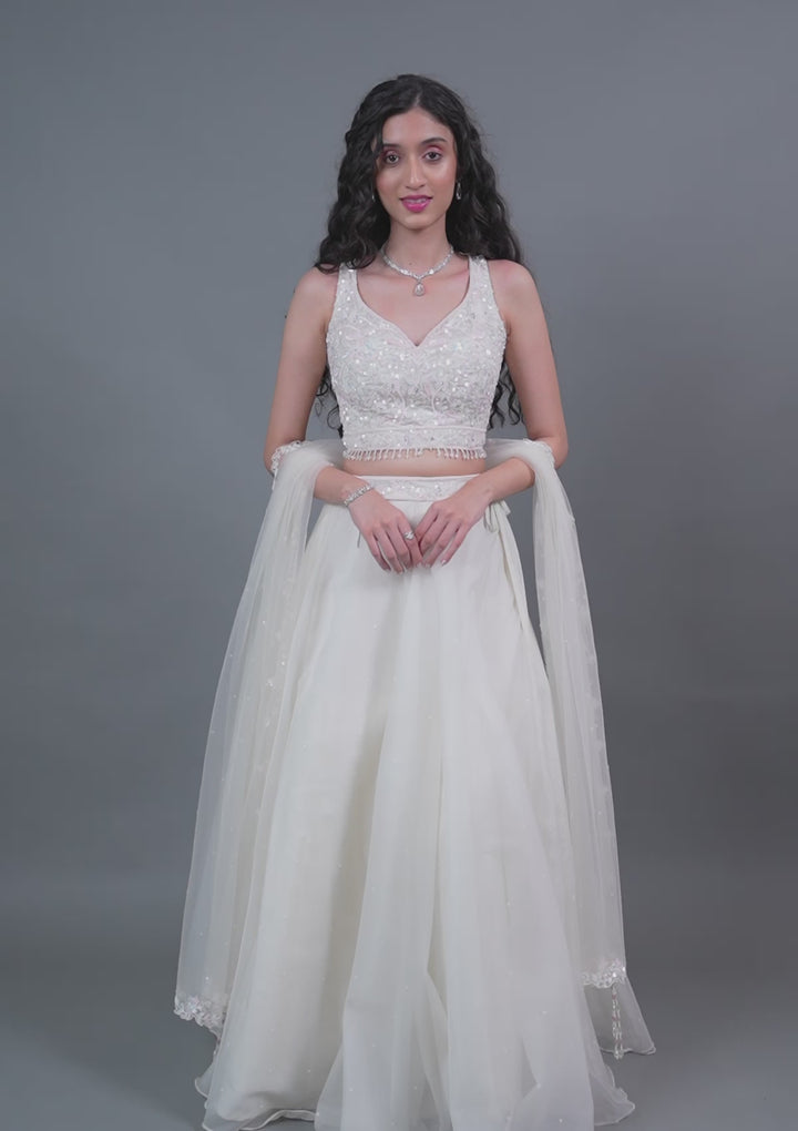 Off White Sequins Organza Readymade Lehenga
