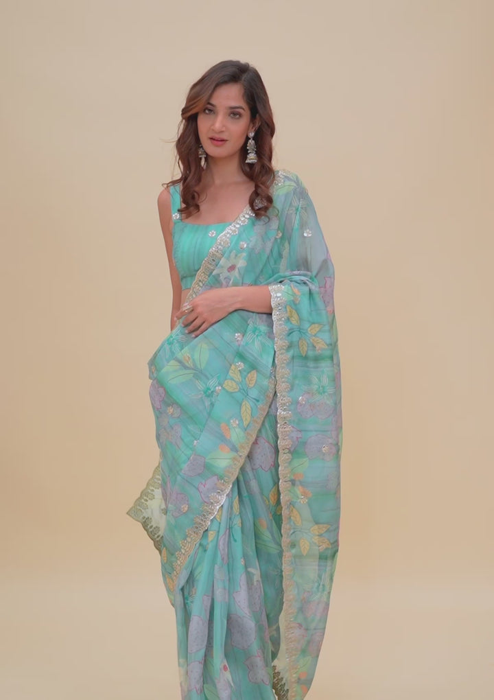 Sea Green Printed Organza Saree